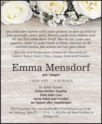 Traueranzeige von Emma Mensdorf von Mitteldeutsche Zeitung Bitterfeld