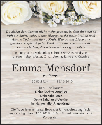 Traueranzeige von Emma Mensdorf von WVG - Wochenspiegel Bitterfeld