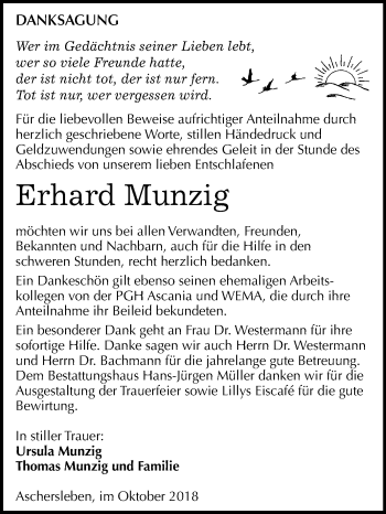 Traueranzeige von Erhard Munzig von Mitteldeutsche Zeitung Aschersleben