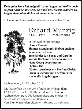 Traueranzeige von Erhard Munzig von Mitteldeutsche Zeitung Aschersleben