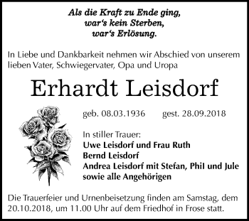 Traueranzeige von Erhardt Leisdorf von Mitteldeutsche Zeitung Aschersleben