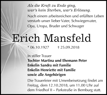 Traueranzeige von Erich Mansfeld von Mitteldeutsche Zeitung Bernburg