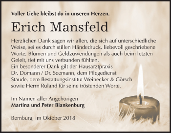 Traueranzeige von Erich Mansfeld von Mitteldeutsche Zeitung Bernburg