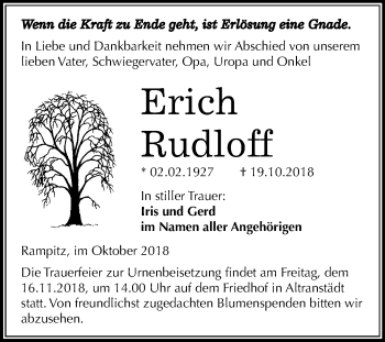 Traueranzeige von Erich Rudloff von Mitteldeutsche Zeitung Merseburg/Querfurt