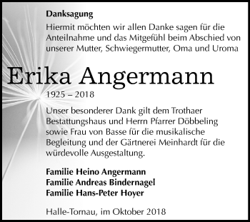 Traueranzeige von Erika Angermann von Mitteldeutsche Zeitung Halle/Saalkreis