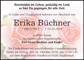 Traueranzeige von Erika Büchner von Mitteldeutsche Zeitung Halle/Saalkreis