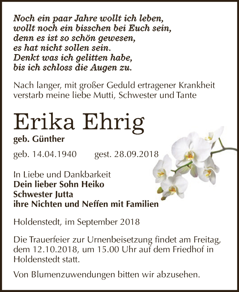  Traueranzeige für Erika Ehrig vom 06.10.2018 aus Super Sonntag SGH Mansf. Land