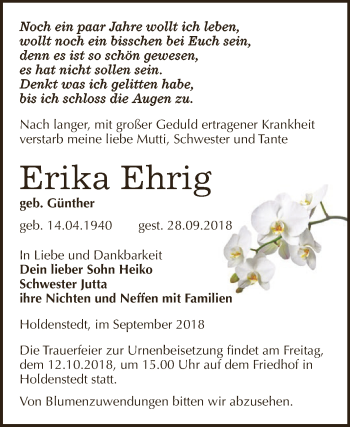 Traueranzeige von Erika Ehrig von Super Sonntag SGH Mansf. Land
