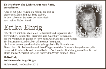 Traueranzeige von Erika Ehrig von Super Sonntag SGH Mansf. Land