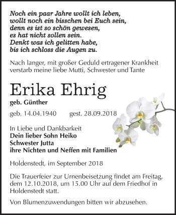 Traueranzeige von Erika Ehrig von Mitteldeutsche Zeitung