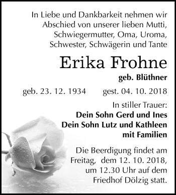 Traueranzeige von Erika Frohne von Mitteldeutsche Zeitung Merseburg/Querfurt