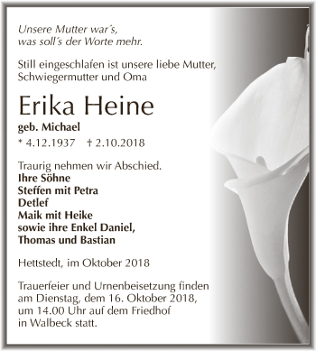 Traueranzeige von Erika Heine von Wochenspiegel Mansfelder Land