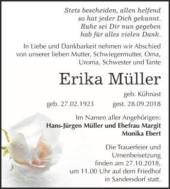 Traueranzeige von Erika Müller von WVG - Wochenspiegel Bitterfeld