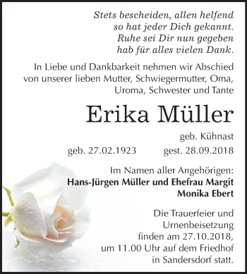 Traueranzeige von Erika Müller von Mitteldeutsche Zeitung Bitterfeld