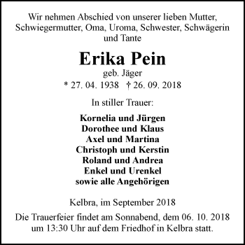 Traueranzeige von Erika Pein von Mitteldeutsche Zeitung Sangerhausen