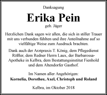 Traueranzeige von Erika Pein von Mitteldeutsche Zeitung Sangerhausen
