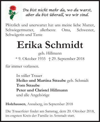 Traueranzeige von Erika Schmidt von Super Sonntag Wittenberg