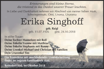 Traueranzeige von Erika Singhoff von Super Sonntag Wittenberg