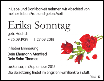 Traueranzeige von Erika Sonntag von Mitteldeutsche Zeitung Zeitz