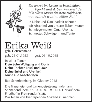Traueranzeige von Erika Weiß von WVG - Wochenspiegel Wittenberg