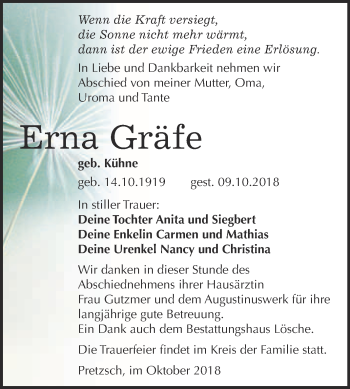 Traueranzeige von Erna Gräfe von WVG - Wochenspiegel Wittenberg