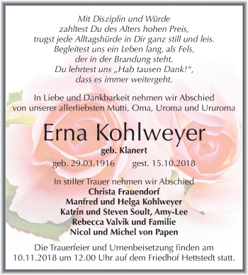 Traueranzeige von Erna Kohlweyer von Mitteldeutsche Zeitung