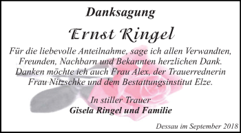 Traueranzeige von Ernst Ringel von Mitteldeutsche Zeitung Dessau-Roßlau