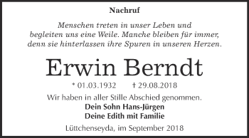 Traueranzeige von Erwin Berndt von WVG - Wochenspiegel Wittenberg