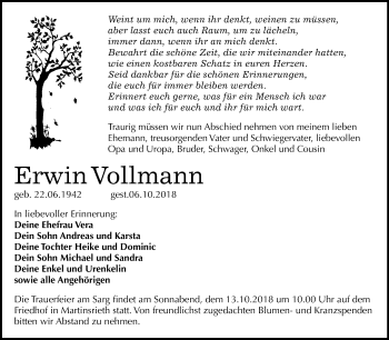Traueranzeige von Erwin Vollmann von Mitteldeutsche Zeitung Sangerhausen