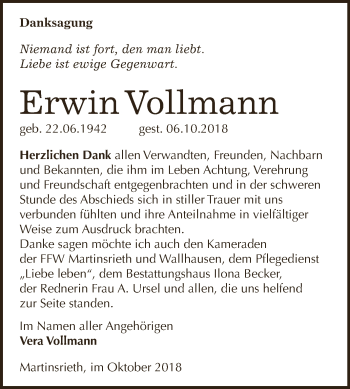 Traueranzeige von Erwin Vollmann von Super Sonntag SGH Mansf. Land