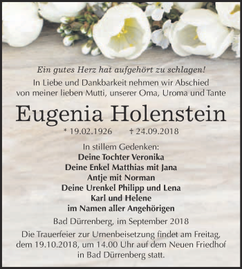 Traueranzeige von Eugenia Holenstein von Super Sonntag Merseburg