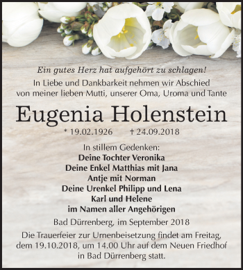 Traueranzeige von Eugenia Holenstein von Mitteldeutsche Zeitung Merseburg/Querfurt