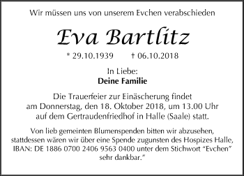 Traueranzeige von Eva Bartlitz von Mitteldeutsche Zeitung Halle/Saalkreis