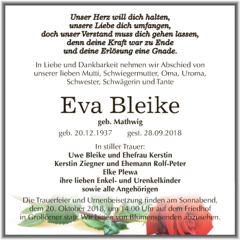 Traueranzeige von Eva Bleike von Super Sonntag SGH Mansf. Land