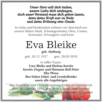 Traueranzeige von Eva Bleike von Mitteldeutsche Zeitung