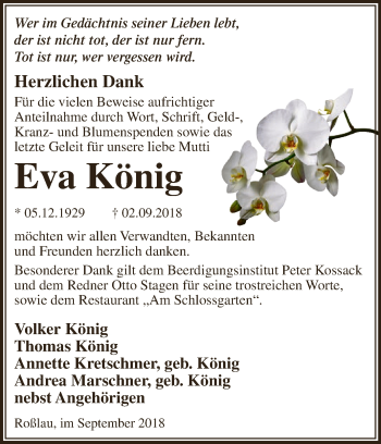 Traueranzeige von Eva König von WVG - Wochenspiegel Dessau / Köthen