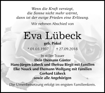 Traueranzeige von Eva Lübeck von Mitteldeutsche Zeitung Bitterfeld
