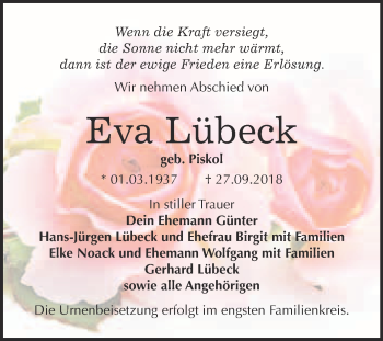 Traueranzeige von Eva Lübeck von WVG - Wochenspiegel Bitterfeld