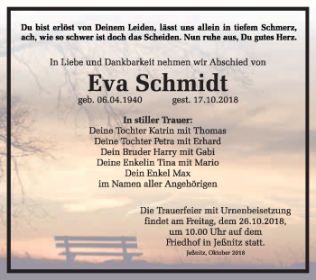 Traueranzeige von Eva Schmidt von WVG - Wochenspiegel Bitterfeld