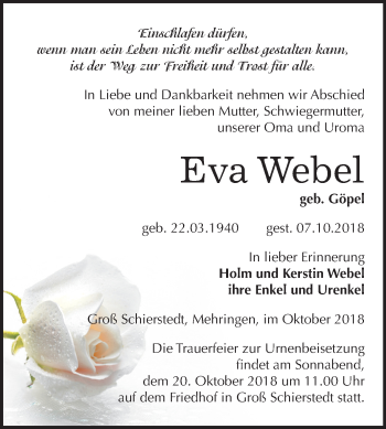 Traueranzeige von Eva Webel von Mitteldeutsche Zeitung Aschersleben