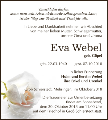 Traueranzeige von Eva Webel von Super Sonntag Aschersleben