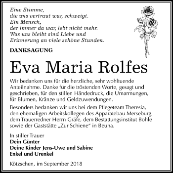 Traueranzeige von Eva Maria Rolfes von Mitteldeutsche Zeitung Merseburg/Querfurt