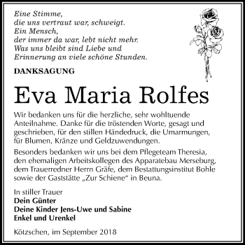Traueranzeige von Eva Maria Rolfes von WVG - Wochenspiegel Merseburg