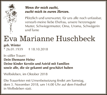 Traueranzeige von Eva Marianne Huschbeck von Super Sonntag SGH Mansf. Land