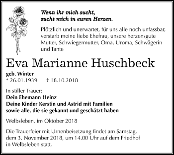 Traueranzeige von Eva Marianne Huschbeck von Mitteldeutsche Zeitung