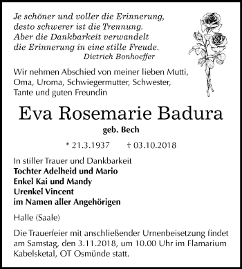 Traueranzeige von Eva Rosemarie Badura von Mitteldeutsche Zeitung Halle/Saalkreis