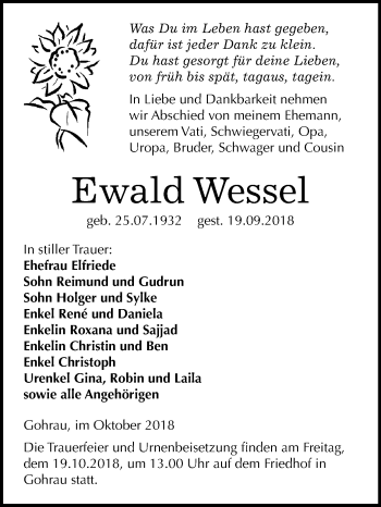 Traueranzeige von Ewald Wessel von Mitteldeutsche Zeitung