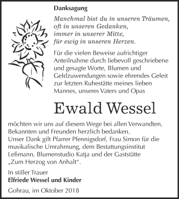 Traueranzeige von Ewald Wessel von Super Sonntag Wittenberg