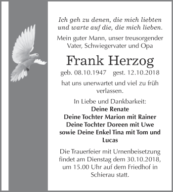 Traueranzeige von Frank Herzog von WVG - Wochenspiegel Bitterfeld