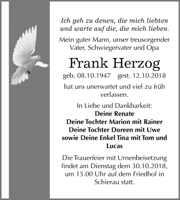 Traueranzeige von Frank Herzog von Mitteldeutsche Zeitung Bitterfeld